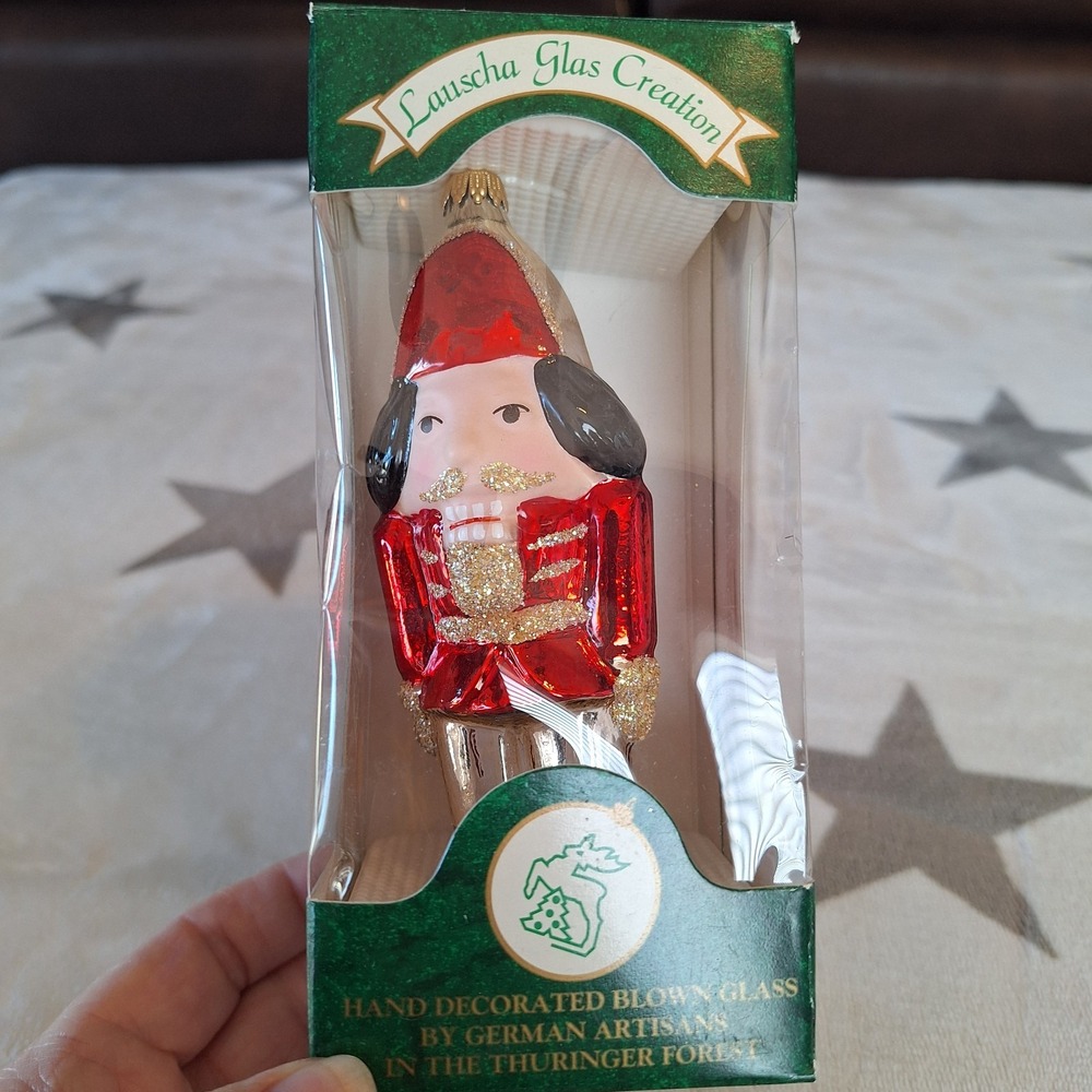 Lauscha Glas Creation Red Nutcracker‎ Glass Christmas Ornament Germany w/ Box